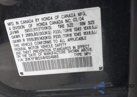 2004 Honda Pilot Ex-L from USA, damaged, VIN 2HKYF185X4H554985